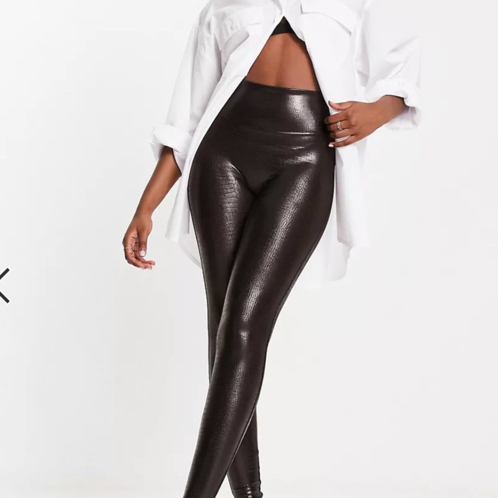 Spanx faux leather embossed croc leggings, brown/black, Size 2X